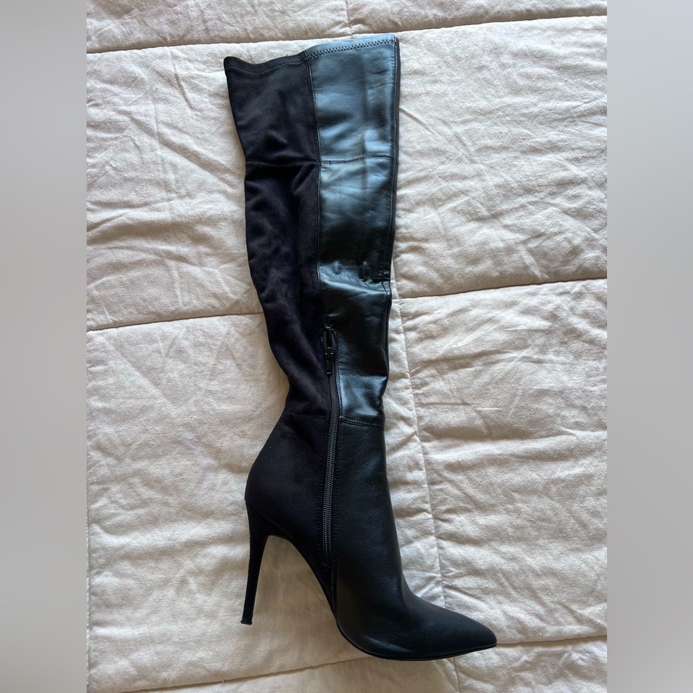 Knee High Black Faux Leather Pointy Toe Heeled Boots